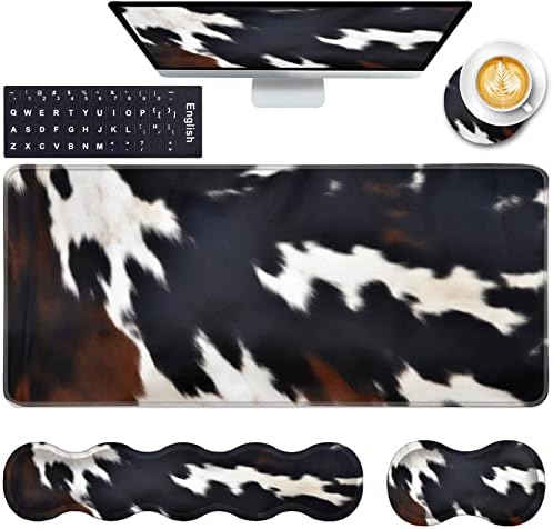 Keyboard Wrist Rest and Mouse Pad with Wrist Support Set Ergonomic Coaster,Memory Foam,Easy Typing Pain Relief,Large XL Desk Mat 31.5"x 11.8",Cute Cowhide Brown Black Cow by CICPLKSE
