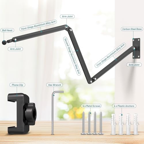 Wall Mount Phone Holder,Phone Holder for Desk Bed,3-Stage Aluminium iPhone Stand,Foldable Extendable Arms Heavy Duty Drilling Base,Compatible with 3.5~7.5" iPhone/HTC/LG/Huawei/Galaxy/Smartphones - Image 5