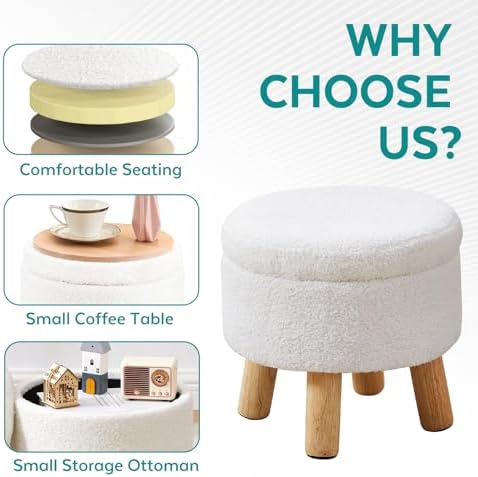 Small Ottoman with Storage, Small Storage Ottoman Round, Sherpa Foot Stool with Legs, Ottomans and Footstools for Living Room and Entryway (White) - Image 4