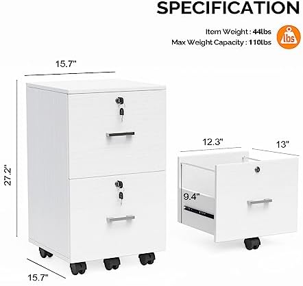 VINGLI 2 Drawer File Cabinet with Lock, Wood Grain White File Cabinets for Letter Size File Folders with Tabs, Mobile Under Desk Filing Cabinets for Home Office, Rolling Filing Cabinet Printer Stand - Image 3