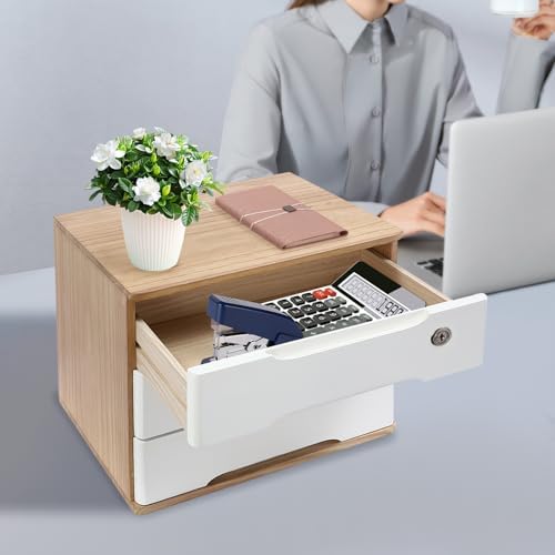 Wooden Desk Organizer with Lockable Drawers, 3-Tier Countertop Storage Cabinet File Cabinet Jewelry Organizer Home Office Supplies Organization Unit (Wood Color&White-1 Lock) - Image 4