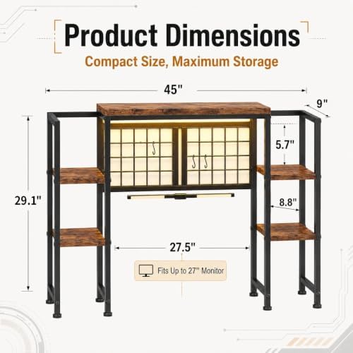 REIBII 5-Tier LED Desk Hutch, Desk Shelf for Dorm Home Office, Rustic Brown - Image 2