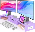 Dual Monitor Stand with USB Ports Wood Monitor Stand Riser with Drawer by Elephance
