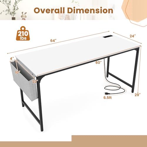 Giantex 60 Inch Computer Desk with Charging Station, Home Office Writing Desk with Storage Bag & Headphone Hook, Large Gaming Table PC Workstation, Modern Simple Laptop Desk for Bedroom, Study - Image 3