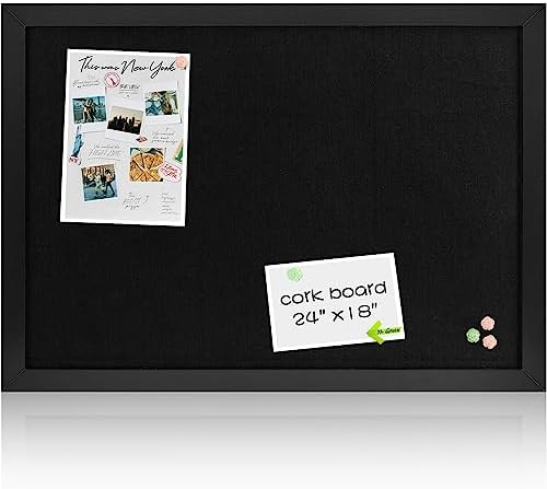 Black Cork Board Bulletin Board with Linen, Wood Framed 24" x 18" Corkboard, Office Board for Wall Decor, Wall Mounted Pin Board Picture Board with 20 Pushpins for School, Home & Office by Justdowhatyouwanttodo