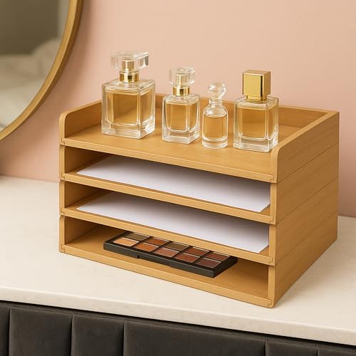 Prolee Stackable Paper Tray,Wooden Paper Organizer for Desk with 4 Letter Trays,Papers Holder and Office Document Organizer Shelf for Mail File Document(Oak,12" x 8" x 1.5") - Image 5