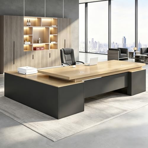 Executive Desk, L Shaped Executive Office Desk with Locking Drawer & File Cabinet, 1'' Thick Desktop, Large Office Desk with Storage, Modern Executive Computer Workstation for Home Office & Business by Unknown