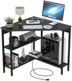 Triangle Corner Desk with Power Outlets, Storage Shelves for Small Space by AuromieDirect