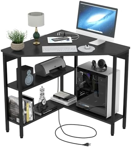 Triangle Corner Desk with Power Outlets, Storage Shelves for Small Space by AuromieDirect