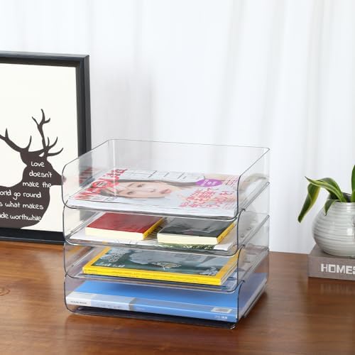 4 Tier Stackable A4 Paper Trays, Office Desk File Holder, Tidy File Document Letter Book Paper Organizer (4 Tiers,Clear) - Image 2
