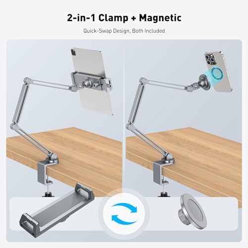 AboveTEK 2-in-1 iPad Stand for Desk, Aluminum iPad Holder Arm with Clamp & Magnetic Ring Head, 360° Adjustable Tablet Stand Holder, Bed Clamp Mount for 4.7"-13" iPads Air/Pro/Mini, Galaxy Tab & Phones - Image 3