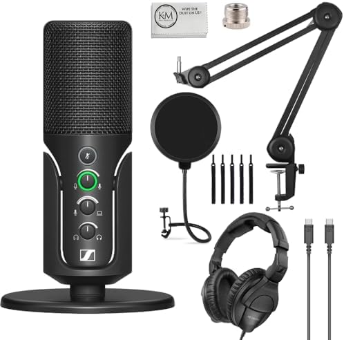Sennheiser Profile USB Condenser Microphone with Desktop Stand Bundled with Closed-Back Headphones + Microphone Boom Arm + Wind Screen Pop Filter + Microfiber Cleaning Cloth (5 Items) by Unknown