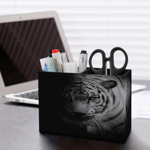 PU Leather Multi-Compartment Pen Holder Desktop Organizer Pencil Cup Storage Caddy for Office Home Supplies White Tiger Isolated on Black Background - Image 5