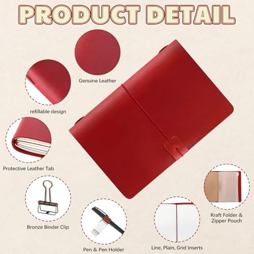 Traveling Refillable Leather Journal Notebook, Wine Red, A5 Size - Image 3