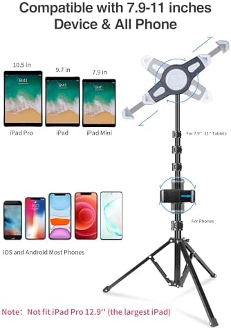 elitehood iPad Tripod Stand, Aluminum Alloy iPad Stand, 360 Rotation Adjustable Height iPad Stand Holder for Floor, Universal Compatible with All 7.9-11 Inch Tablet - Image 3