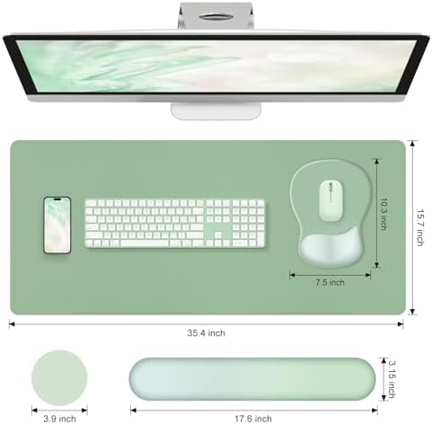 4-in-1 Large Gaming Mouse Pad, Keyboard Wrist Rest Pad & Wrist Support Mousepad Set, Extended Desk Pad Waterproof Desk Mat Protector for Home Office Decor Study Game 35.4×15.7 Inches I Sage Green - Image 3