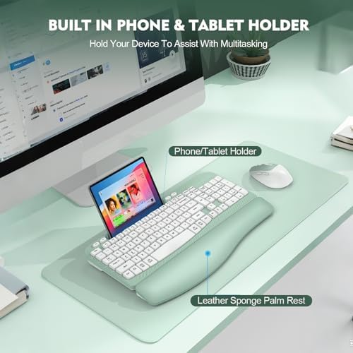 Wireless Keyboard and Mouse Combo, Full-Sized Ergonomic Wave Keys Keyboard with Memory Foam Wrist Rest & Phone Holder, 2.4G Quiet Keyboard Mouse Work Setup for PC Laptop, Office or Home (Mint Green) - Image 5