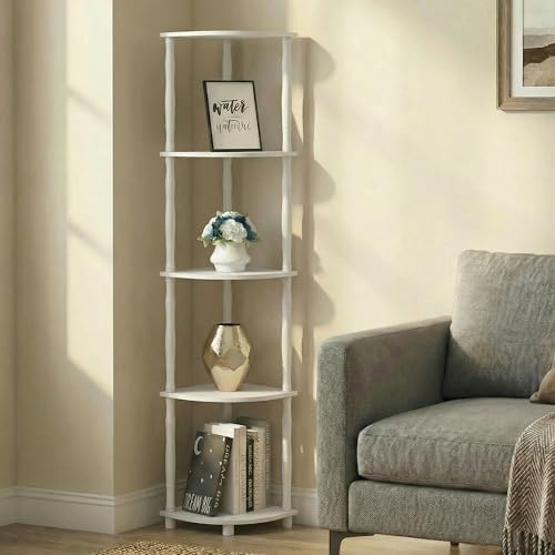 Furinno Turn-N-Tube Storage Shelves, 5-Tier Open Frame Book Shelf, Standing Corner Shelf, Toolless Open Shelves, Classic Tubes, for Organization and Storage, Living Room, Home Office, White - Image 2