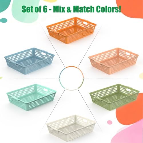QRRICA 6 Pack Plastic Classroom Storage Baskets, Paper Trays for Classroom Organization & Turn in Trays for Teachers, Students, Desk Organizer Bin 13.8x10.6x3.1 Inch (Morandi) - Image 4