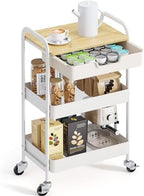 TOOLF 3-Tier Metal Utility Rolling Cart with Drawer and Wooden Table Top, Storage Cart White Trolley Kitchen Organizer Rolling Desk with Locking Wheels for Office, Classroom, Home, Bedroom by TOOLF