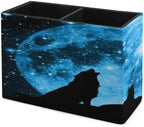 PU Leather Multi-Compartment Pen Holder Desktop Organizer Pencil Cup Storage Caddy for Office Home Supplies Wolves Pack in Silhouette Against Blue Starred Sky Full Moon - Image 7