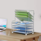 MINDEPOT 4-Tier Paper Organizer + 3-Pocket File Holder + Drawer + Pen Holders, Desktop File Organizers Paper Tray for Office Supplies School Classroom Organization (Silver, with Drawer & Pen Holder) - Image 6