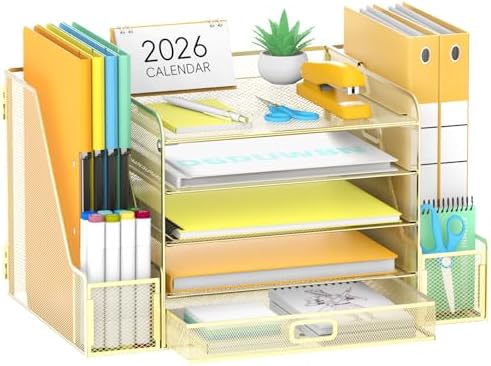 SUPEASY Mesh Desk Organizer with File Holder, 5-Tier Paper Letter Tray Organizer with Magazine Holder, Desktop Organizer and Storage with Drawer for Office Supplies Home or School (Golden) by SUPEASY
