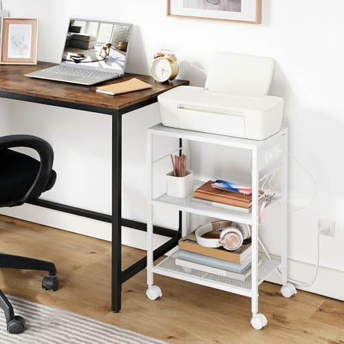 HOOBRO Industrial Printer Stand, 3-Tier Mobile Printer Table, Rolling Cart with Power Outlets and USB Ports, Home Printer Stand with 2 Hooks, for Office, Living Room, White WW22UPS01 - Image 5