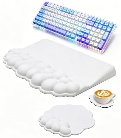 Cloud Keyboard Wrist Rest with Sloped Keyboard Pad, Ergonomic 3-in-1 Mouse Pad with Wrist Support and Coaster, Non-Slip Memory Foam Desk Mat Set for Mechanical Keyboard, Office & Gaming,White by Unknown