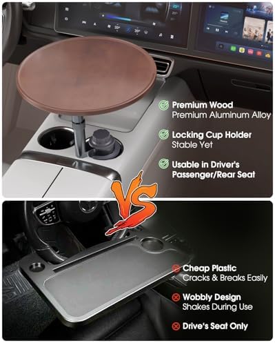 Car Tray Table & Car Laptop Desk with 360° Rotation & Phone Holder - Wooden Cup Holder Table, Car Laptop Mount & Food Tray Compatible with Tesla Model Y/3/S and Most Vehicles Walnut - Image 3