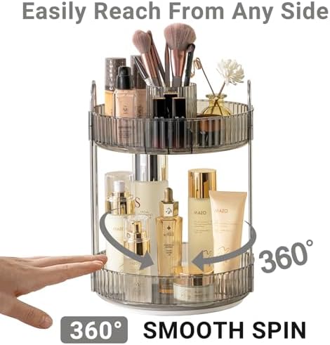 Asayuee 360 Rotating Makeup Organizer,2 Tier Large Capacity Make Up Organizers and Storage,Skincare Perfume Vanity Organizers,Bathroom Cosmetics Storage Organizer Countertop(Grey) - Image 3