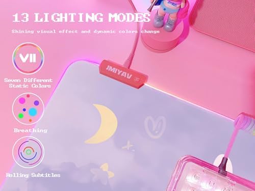 JMIYAV Pink RGB Gaming Mouse Pad Kawaii Mouse Mat 31.5x12 Inch PC XL Large Extended Glowing Led Light Up Desk Pad Non-Slip Rubber Base Computer Cute Desk Accessories Gaming Setup Purple Moon Bunny - Image 3