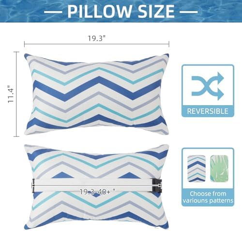Outdoor Pillow for Chaise Lounge Chair, 2pcs Chaise Lounge Pillows Lumbar Pillows with Insert and Adjustable Elastic Strap for Patio Beach Office Chair, Blue White Stripe - Image 3