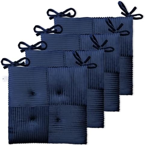 Office Stacking Chair Cushions 4 Pack, Corduroy High Density Foam Kitchen Seat Cushions with Ties, Square 17" x 17" Indoor Non-Slip Dining Chair Pads, Navy Blue，4pcs by Zalvox