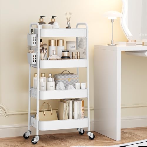 TOOLF 4 Tier Rolling Cart, Metal Utility Storage Cart with Pegboard, White - Image 3