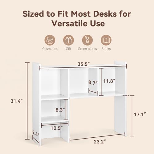 35.5" Dorm Desk Hutch White, Desktop Bookshelf with 5 Shelves - Image 2