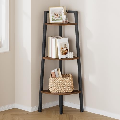 Hoctieon Corner Shelf, 3-Tier 40" Tall Corner Bookshelf, Rustic Ladder Shelf, Industrial Display Stand for Living Room, Kitchen, Home Office, Balcony, Small Space, Metal Frame, Rustic Brown by Hoctieon