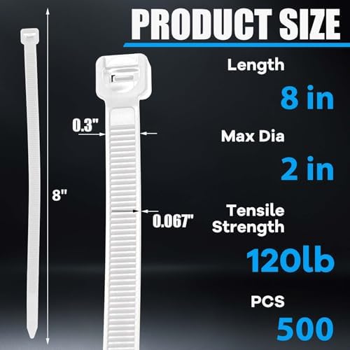 Reallnaive 500 Pcs 8 Inch Zip Ties Heavy Duty White 120 Lbs - Image 2