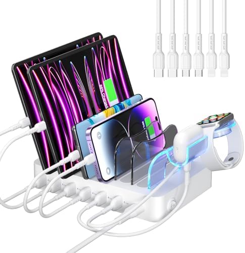 SooPii Premium 6-Port USB Charging Station Organizer for Multiple Devices, 6 Short Charging Cables and One Upgraded i-Watch Charger Holder Included, for Phones, Tablets, and Other Electronics, White by Soopii