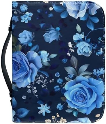 Blue Rose Flowers Print Cross Bible Cover for Women Men, Bible Case Bag with Top Handle PU Leather Bible Carrying Case for Church - Image 2