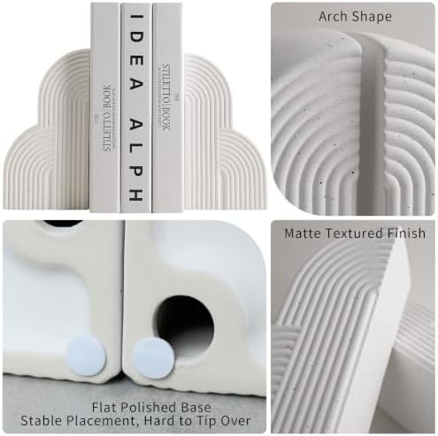 Matte Textured Arch Ceramic Bookends Pair,Heavy Duty Decorative Book Holders,Speckled Black Dot Sculpture Book Stoppers for Shelf Tabletop, Minimalist Modern Home Decor Gift for Book Lovers（White） - Image 5