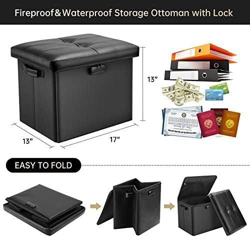 DocSafe Storage Ottoman with Lock,Fireproof Folding Ottoman Foot Rest Stool Storage Chest with Storage Safe for Important Documents,Waterproof 17 Inches Short Ottoman Foot Stool with Handles,Black - Image 3