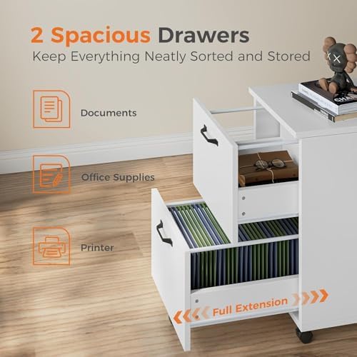 2 Drawer Filing Cabinet, Wood Rolling Filing Cabinets with Printer Stand, Under Desk Storage Lockable Wheels, Home Office Organizer for A4 Letter Legal Size Documents,White - Image 4