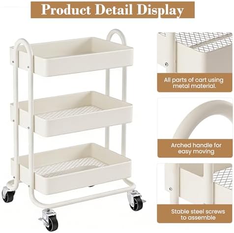 3 Tier Metal Rolling Cart, Utility Storage Cart Shelf Organizer with Wheels for Home & Office, Cream - Image 5
