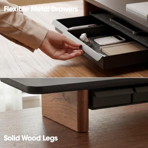 Fenge 42.5" Dual Monitor Stand with Storage Drawer & Solid Wood Legs, Black - Image 4