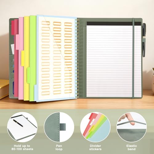 Clipboard with Storage for Men Women, Leather Padfolio Portfolio Organizer 5 Folders with 10 Pockets, Spiral Clipboard Folio with Notepad for Letter Size, Elastic Closure and Pen Loop Sage Green - Image 6