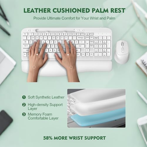 Wireless Keyboard and Mouse Combo, Full-Sized Ergonomic Wave Keys Keyboard with Memory Foam Wrist Rest & Phone Holder, 2.4G Quiet Keyboard Mouse Work Setup for PC Laptop, Office or Home (White) - Image 3