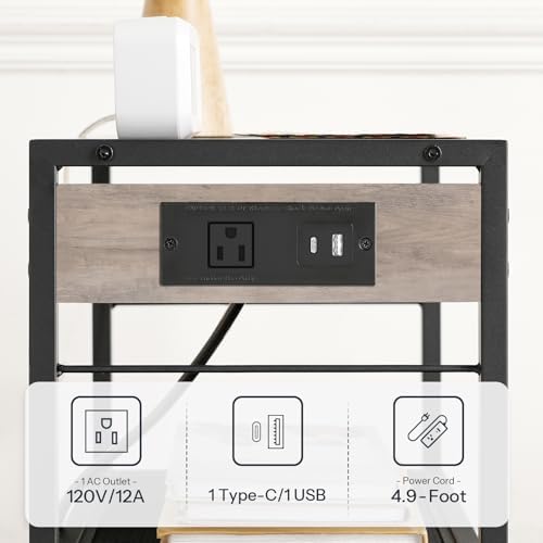 HOOBRO Industrial Printer Stand, 3-Tier Mobile Printer Table, Rolling Cart with Power Outlets and USB Ports, Home Printer Stand with 2 Hooks, for Office, Living Room, Greige and Black BG22UPS01 - Image 4