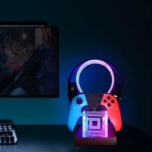 YuanDian Gamer Gifts for Teenage Boy, Desk Gaming Headset and Controller Stand with Blue Pink LED Night Light, Acrylic Wooden Controller Holder with PCB Pattern, Desk Decor Gift - Image 2