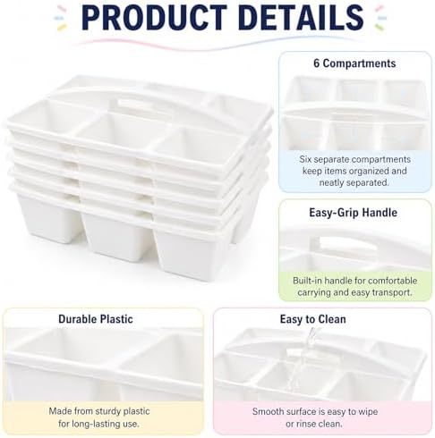 gisgfim 6 Pack Plastic Classroom Caddy with 6-Compartments Plastic Storage Caddies with Handle 6 Compartments Table Caddy Organizer Versatile Table Caddies for Classroom Office Storage, White - Image 3